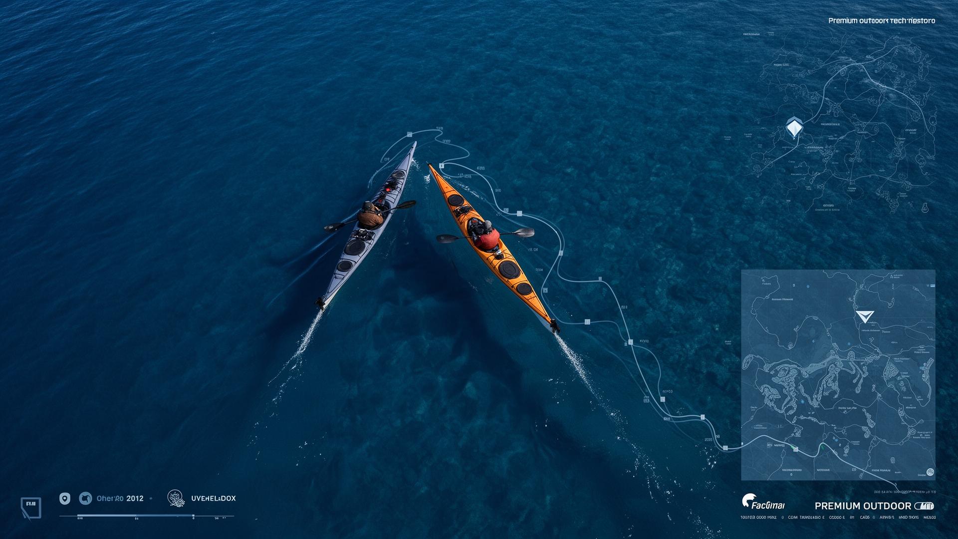 Aerial of two sea kayaks crossing deep blue water with GPS route lines
